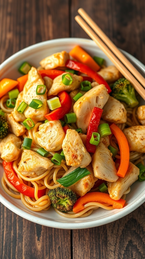 A colorful chicken noodle stir-fry with vegetables and noodles, garnished with green onions on a rustic table.